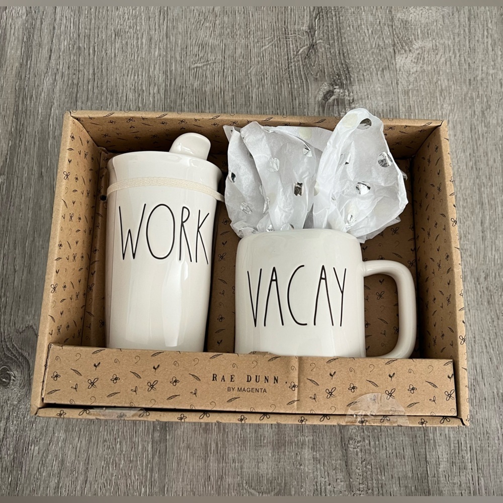 Ray Dunn Work & Vacay gift set Tumbler and Mug in white
